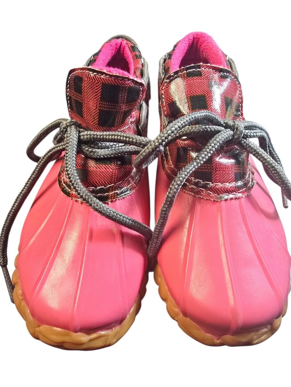 Sperry Girls Saltwater Duckie Boots Red Plaid Pattern Pink Bottom Sz.13